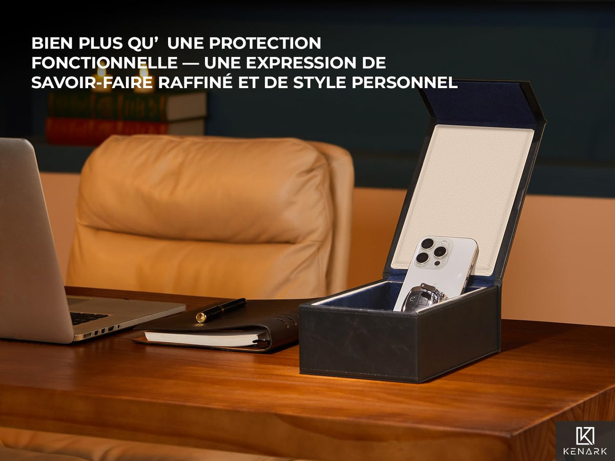 KENARK KK7 opened to reveal velvet-lined interior protecting key fobs and cards