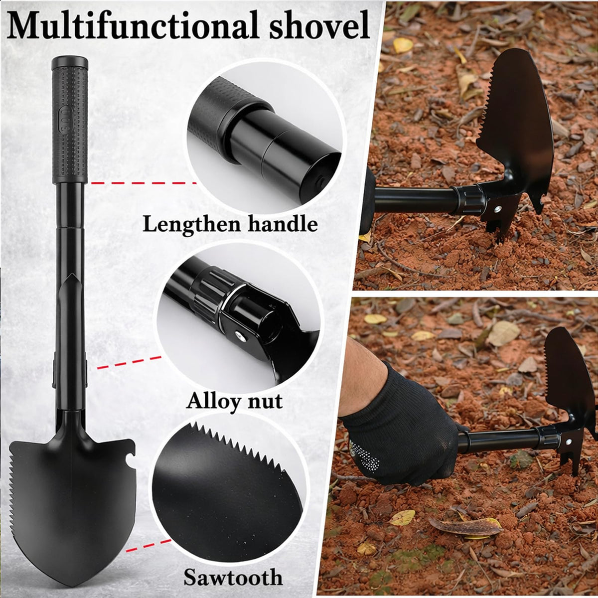 kewen folding e-tool shovel shown folded and extended for compact versatility