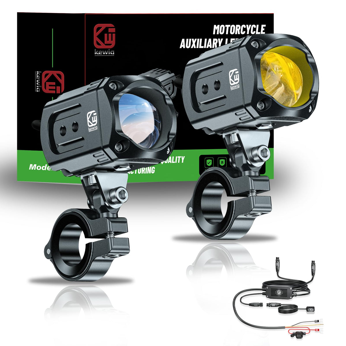 Kewig front view driving spotlight showing compact housing and bright beam benefit visibility