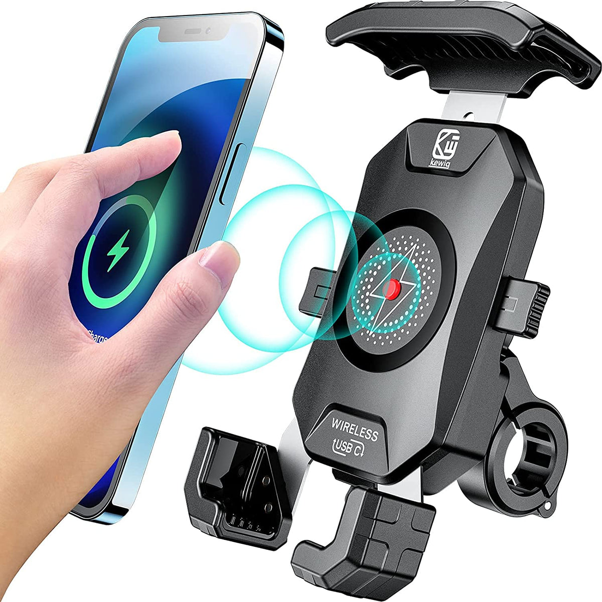KEWIG front view mounted phone showing secure grip and charging