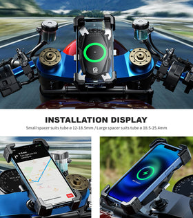Kewig lifestyle shot of mount on motorcycle dash providing visible charging