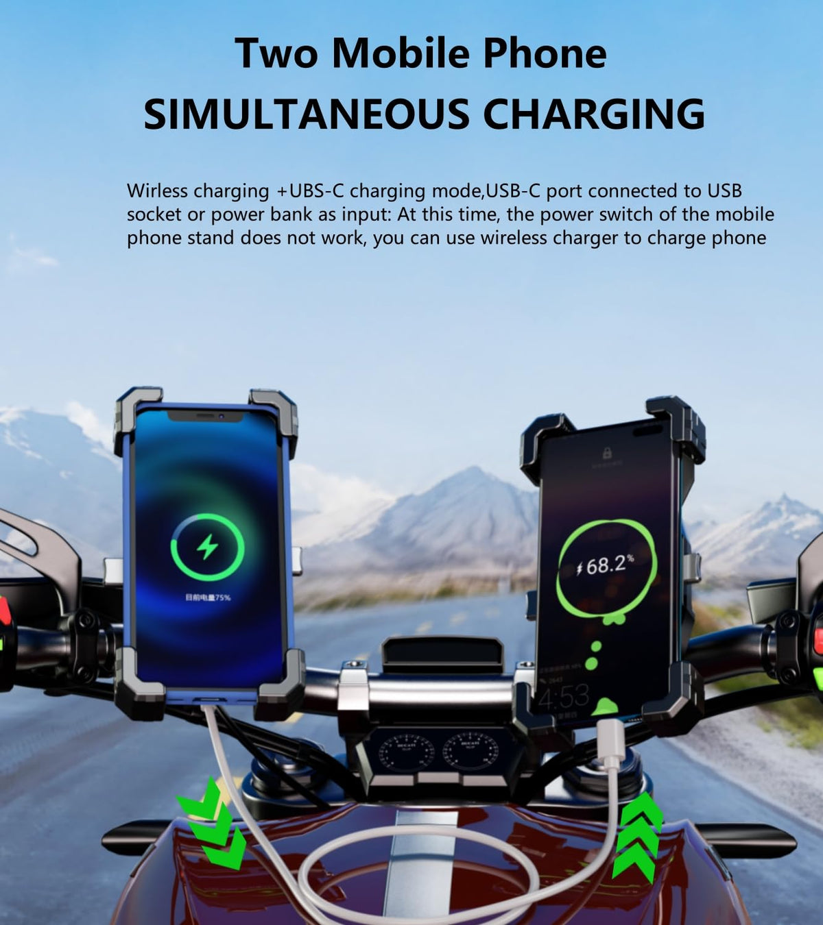 Kewig lifestyle shot of rider using phone navigation while charging benefit