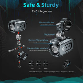 Kewig mounted on motorcycle handlebar demonstrating quick install and improved night vision