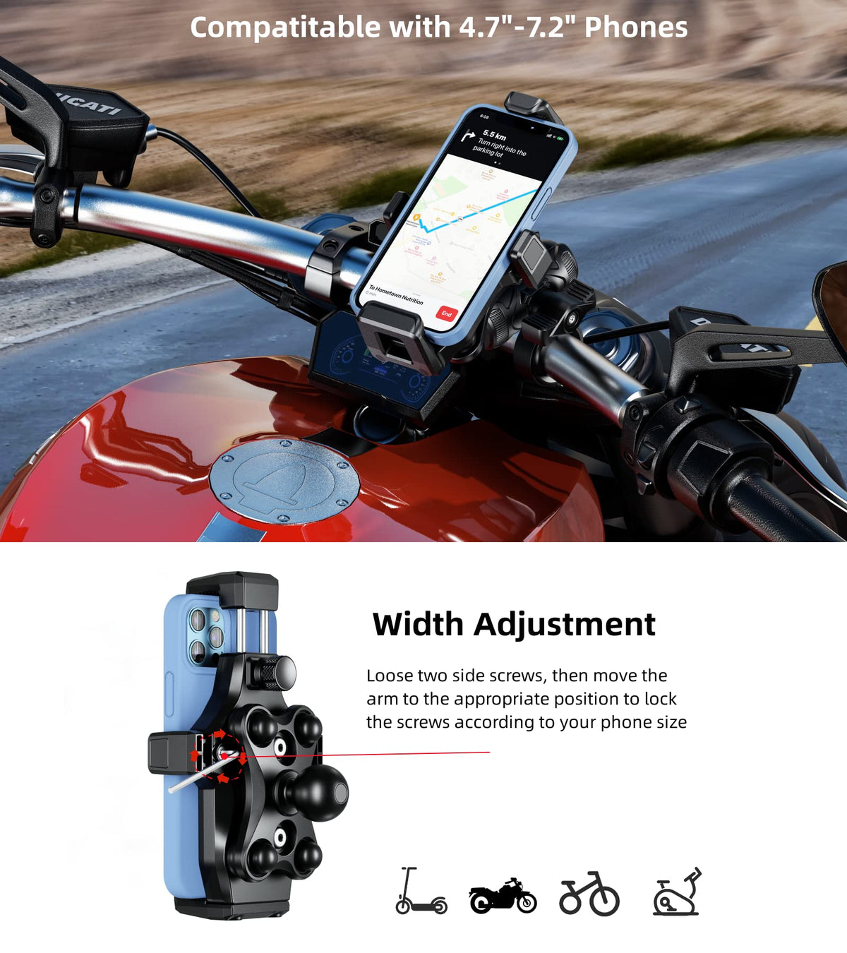 Kewig phone in mount displaying navigation, useful for hands-free riding