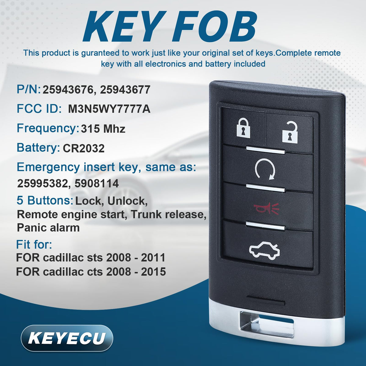 Keyecu close-up of buttons and FCC ID label for clear compatibility verification