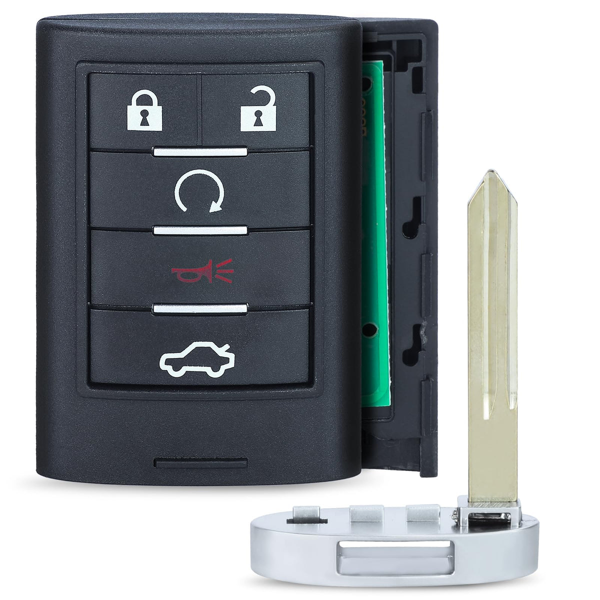 Keyecu front view of Cadillac remote showing five buttons and easy access