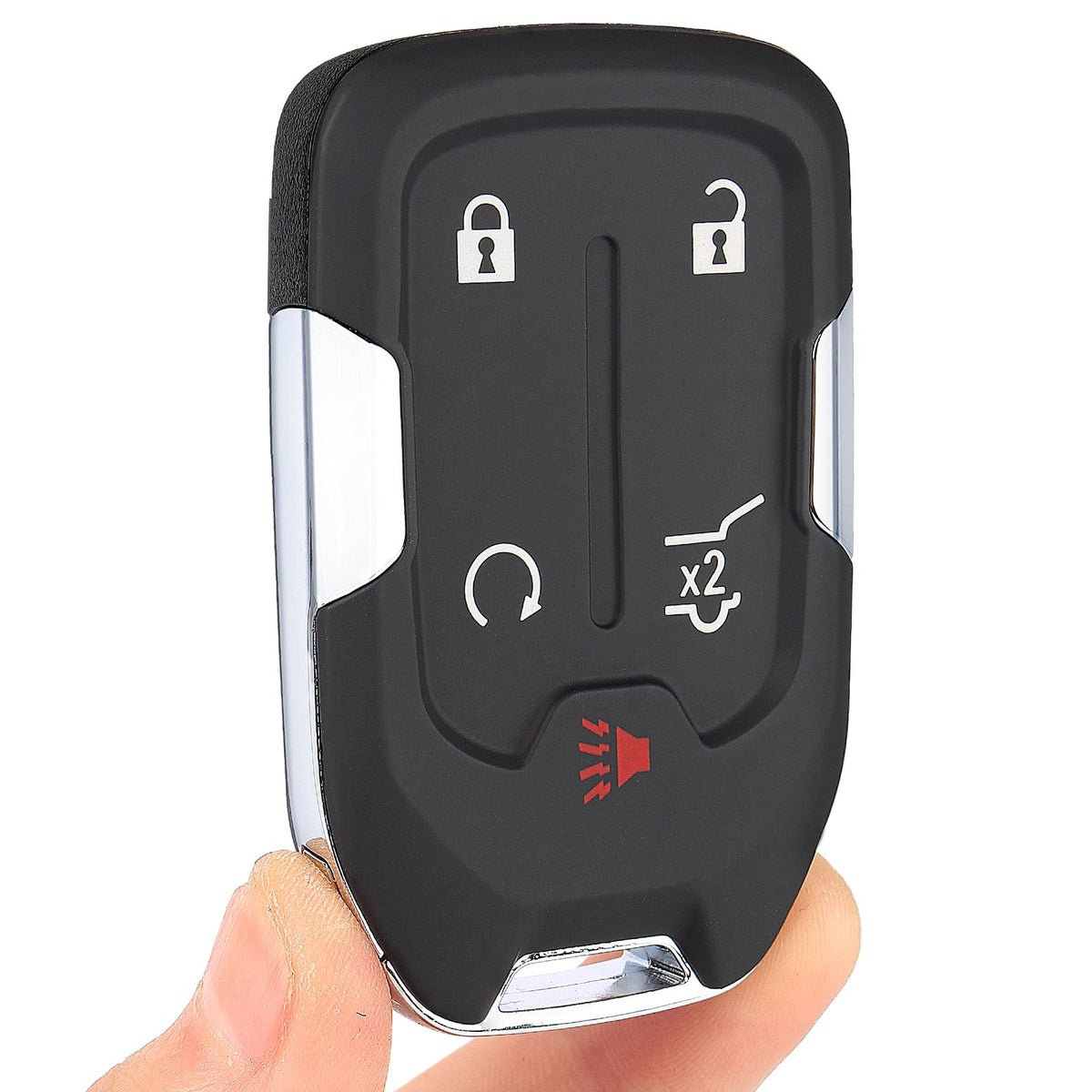 KEYECU front view of the GMC Terrain remote showing five buttons and ergonomic design benefit