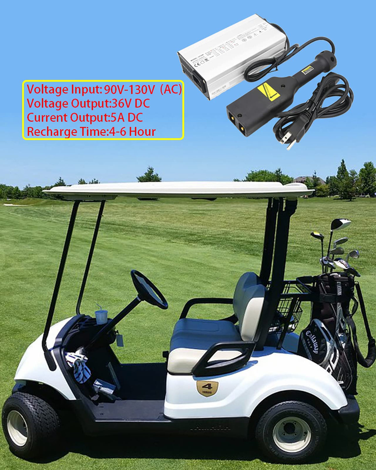 KEYHAO charger on garage shelf near golf cart, convenient everyday maintenance
