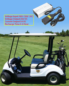 KEYHAO charger on garage shelf near golf cart, convenient everyday maintenance
