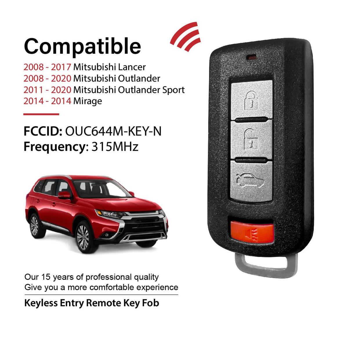 Keylessbest back label close-up showing FCC ID OUC644M-KEY-N for easy compatibility verification