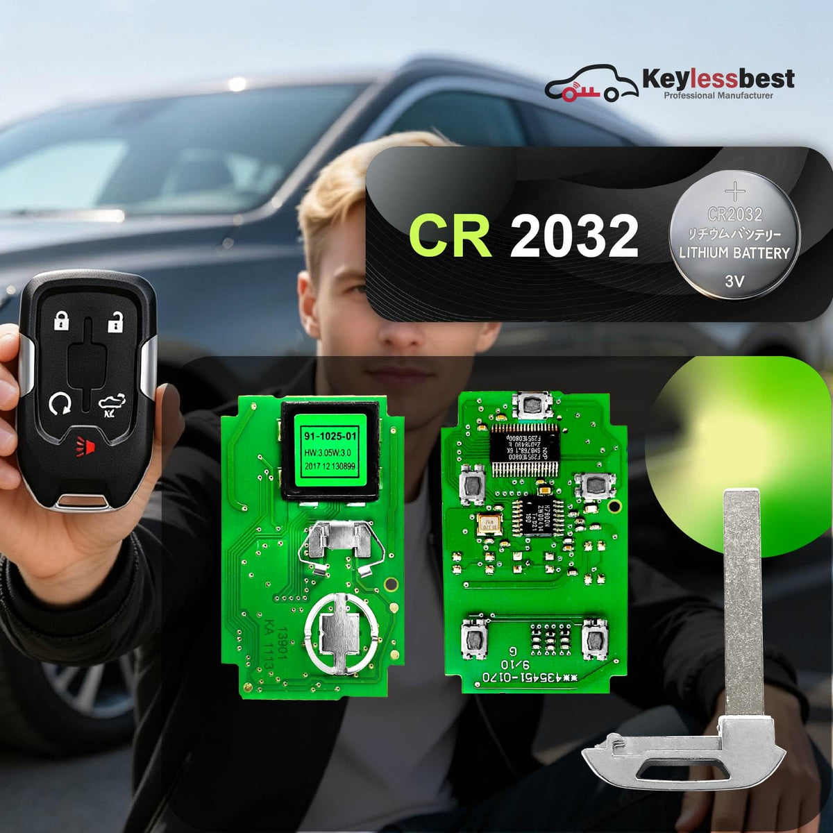 Keylessbest opened shell revealing OEM-style transponder chip ready for programming