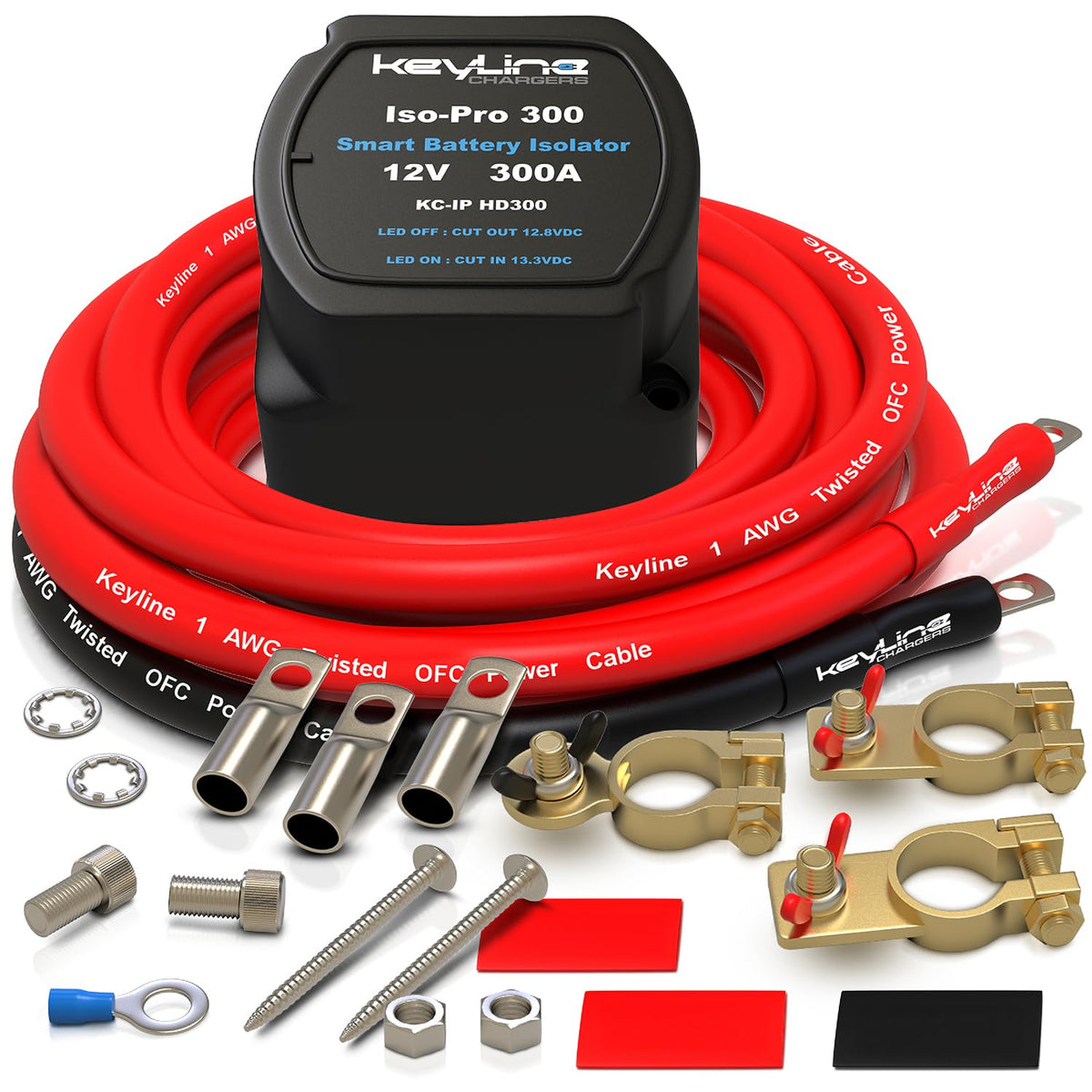 KeyLine Chargers 300A isolator front view showing compact design and benefits