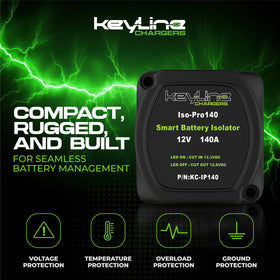 KeyLine Chargers size comparison beside ruler showing compact dimensions for tight engine bays