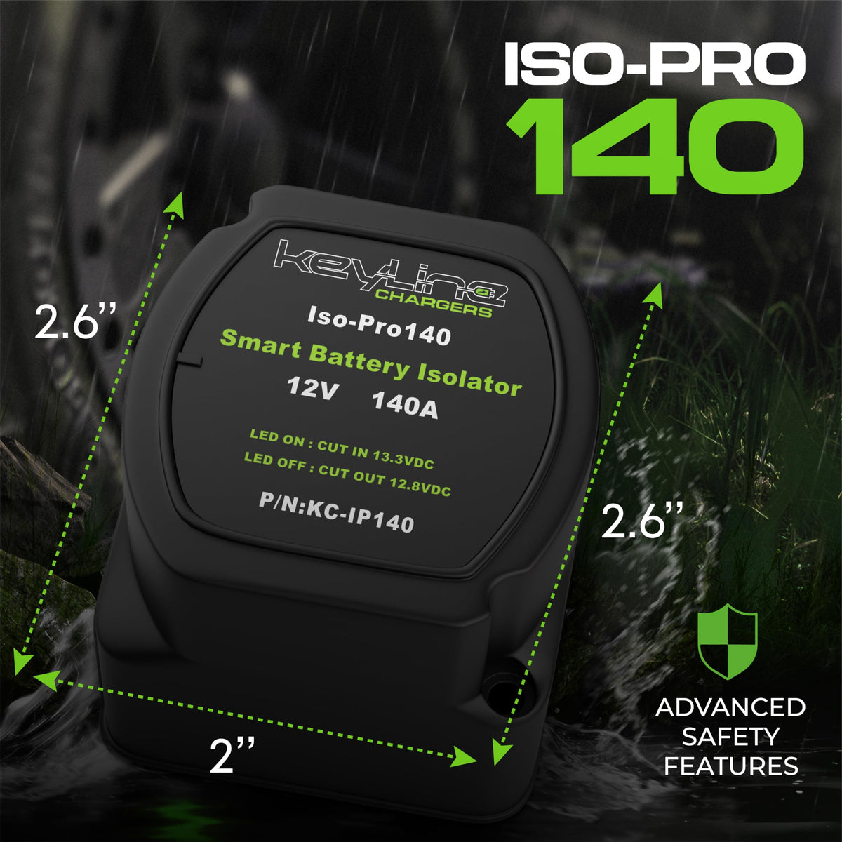 KeyLine Chargers sealed housing close-up highlighting IP65 protection and weather resistance