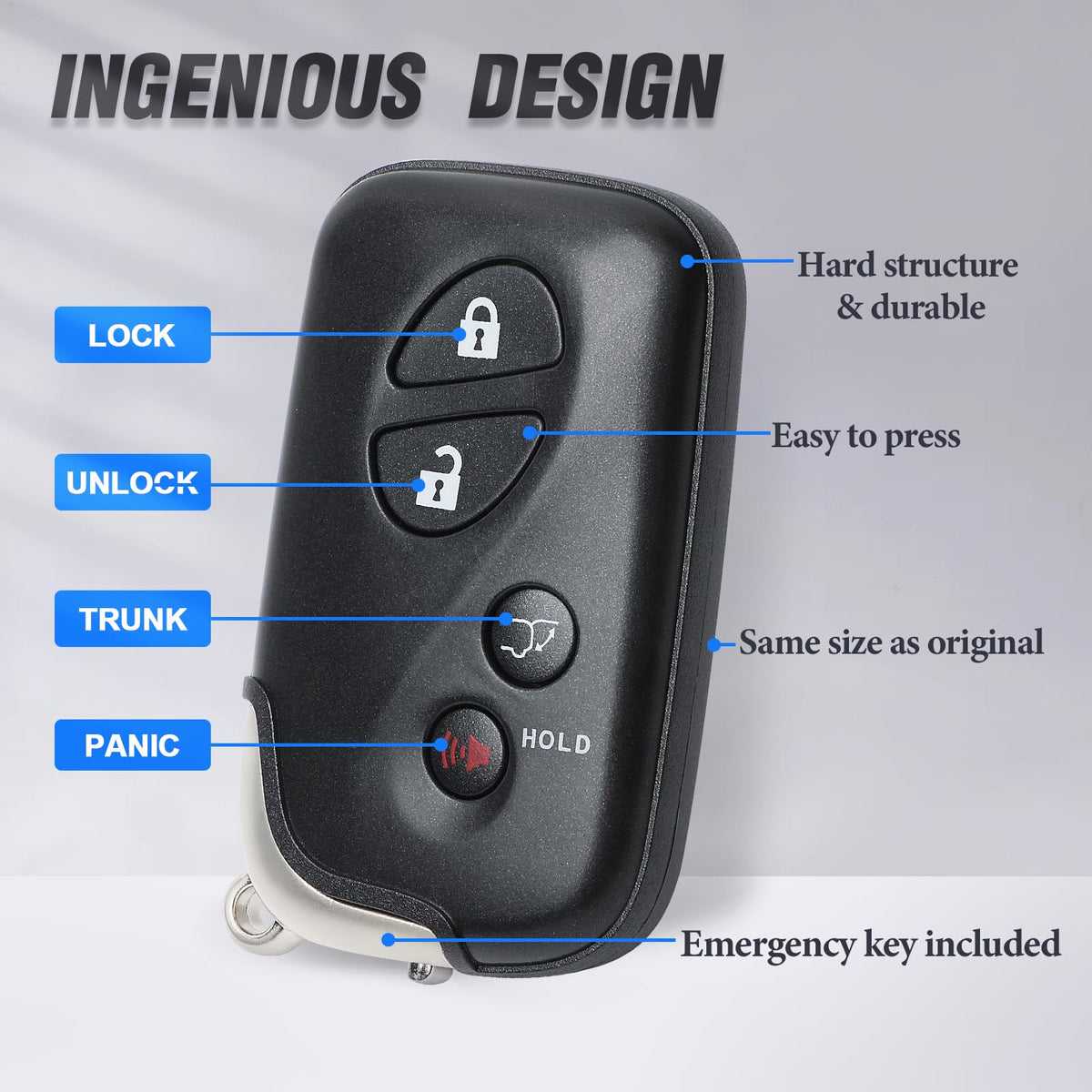 Keymall detailed view of Lock Unlock Trunk Panic buttons for quick, reliable access