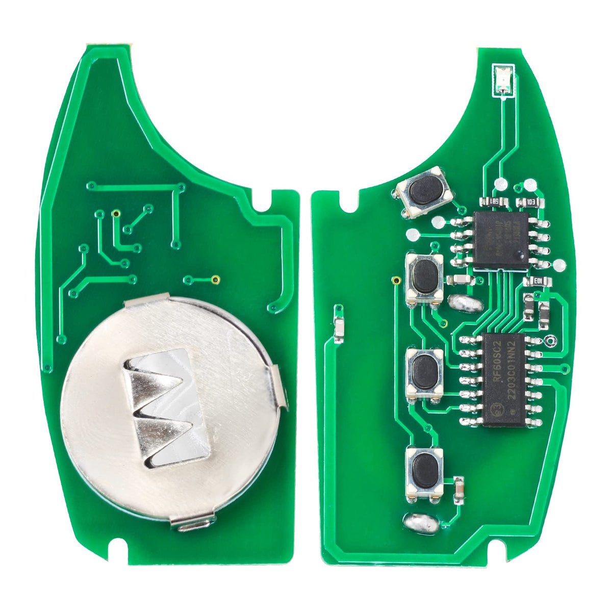 Keymall remote in hand to show compact size and ergonomic grip