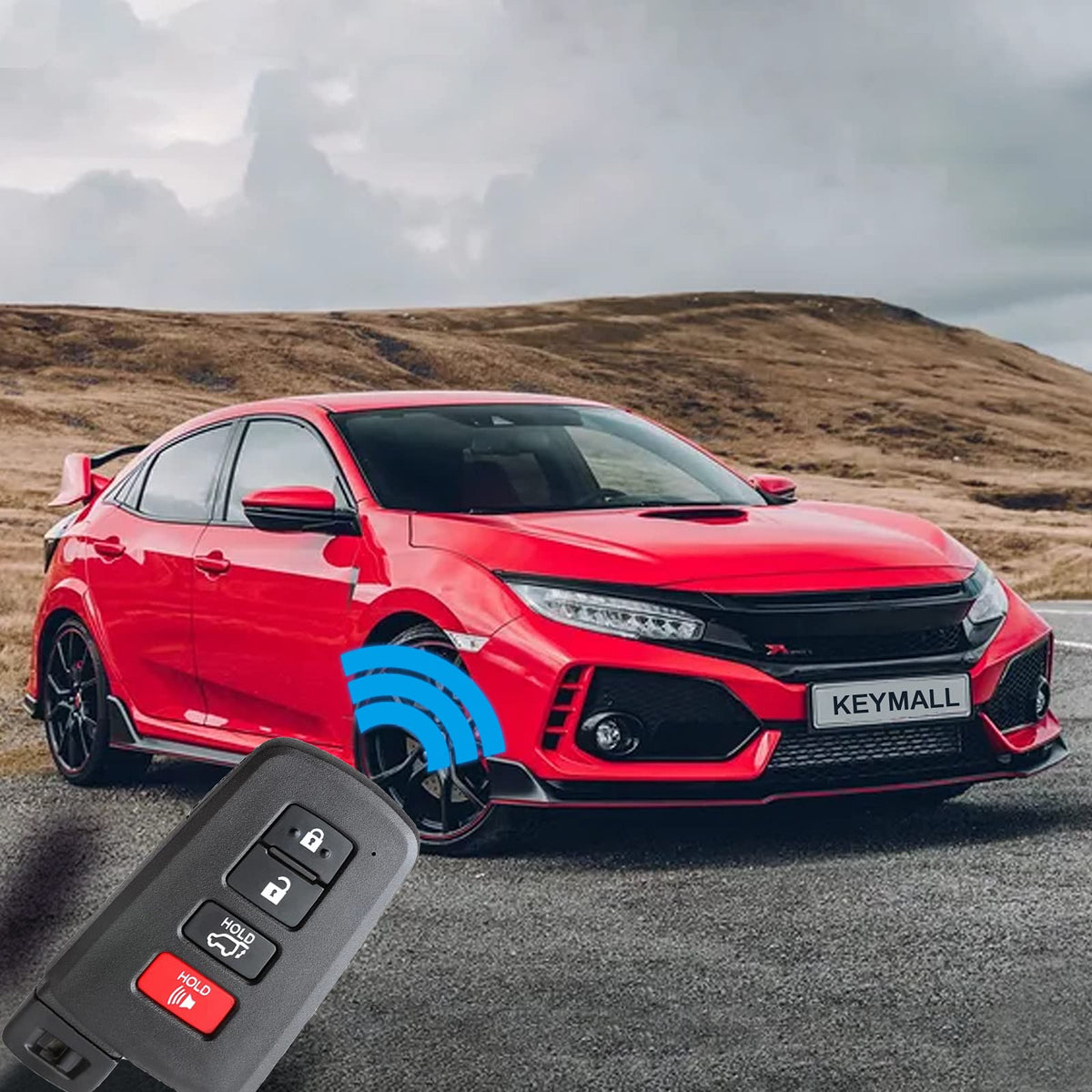 Keymall remote held near Toyota Highlander steering wheel for easy replacement