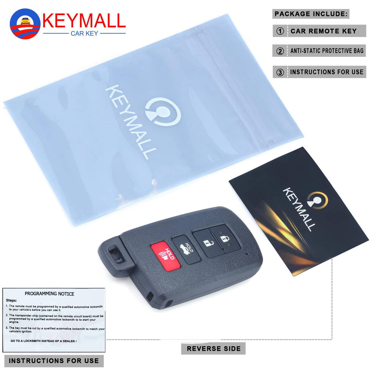 Keymall open shell exposing CR2032 battery and installed chip for quick setup