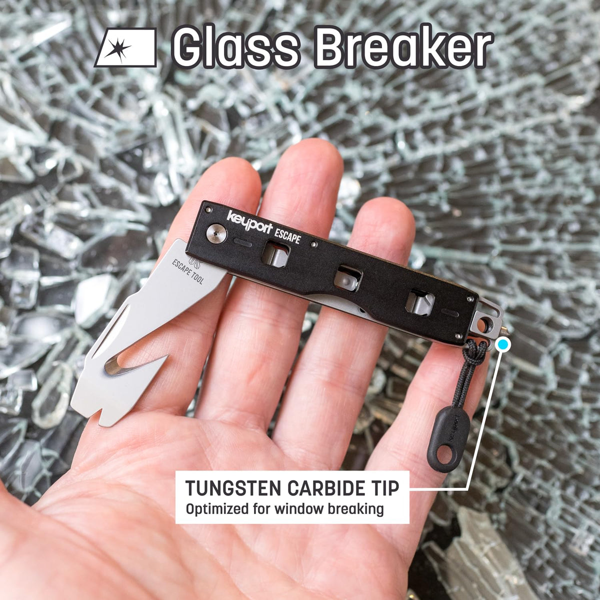 Keyport clipped to sun visor illustrating reachable placement for emergencies