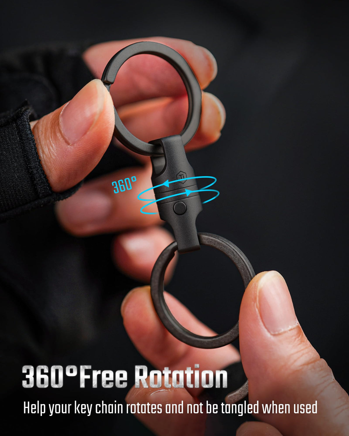 KeyUnity demonstrating 360° swivel action, tangle-free carry benefit