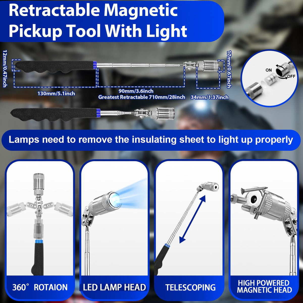 Keze telescoping magnetic pickup extended with LED to retrieve bolts in tight spaces