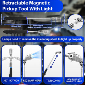 Keze telescoping magnetic pickup extended with LED to retrieve bolts in tight spaces