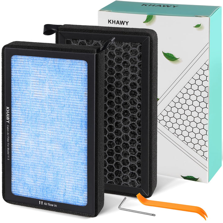 KHAWY front packaging showing two replacement filters and benefit of easy swap