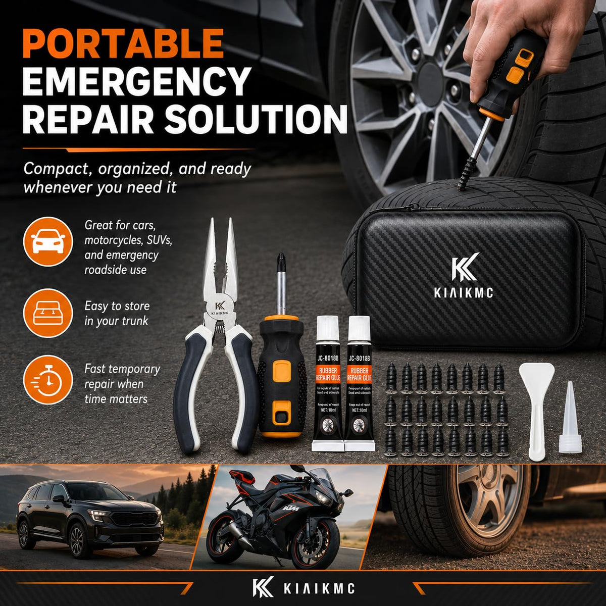 kiaikmc kit in use fixing a tubeless tire for fast roadside repair