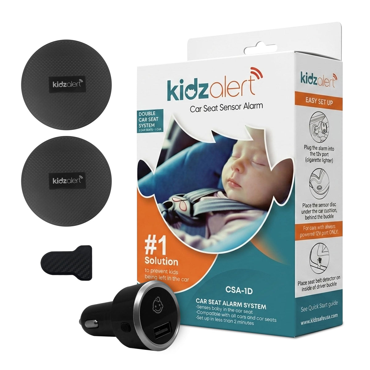 KIDZALERT alarm front view showing compact unit and plug for quick installation