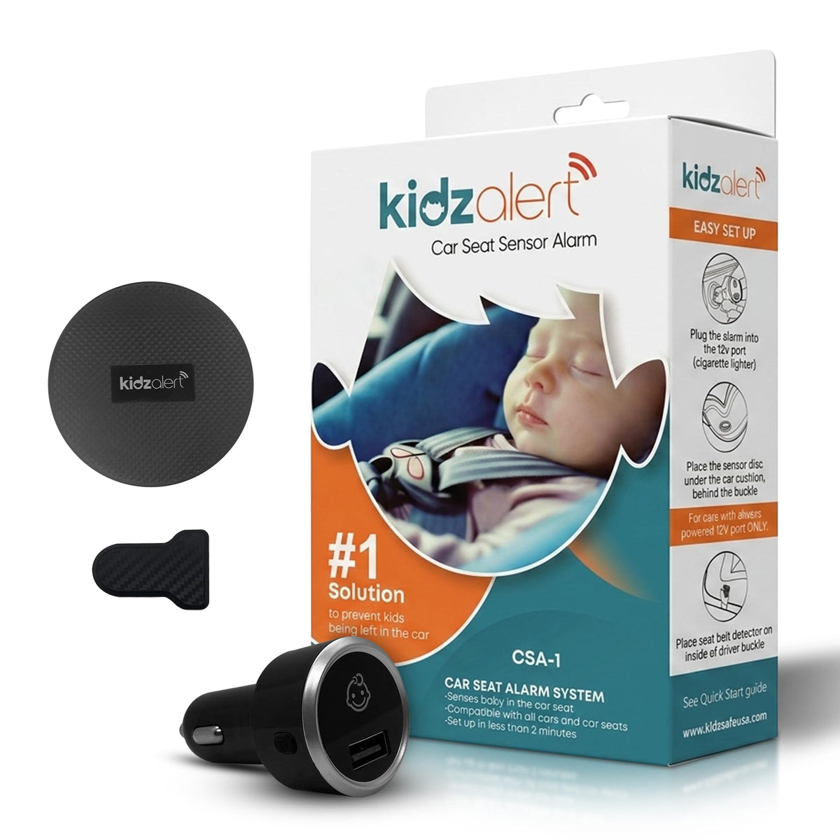 KIDZALERT front alarm unit showing compact design and clear alarm benefit