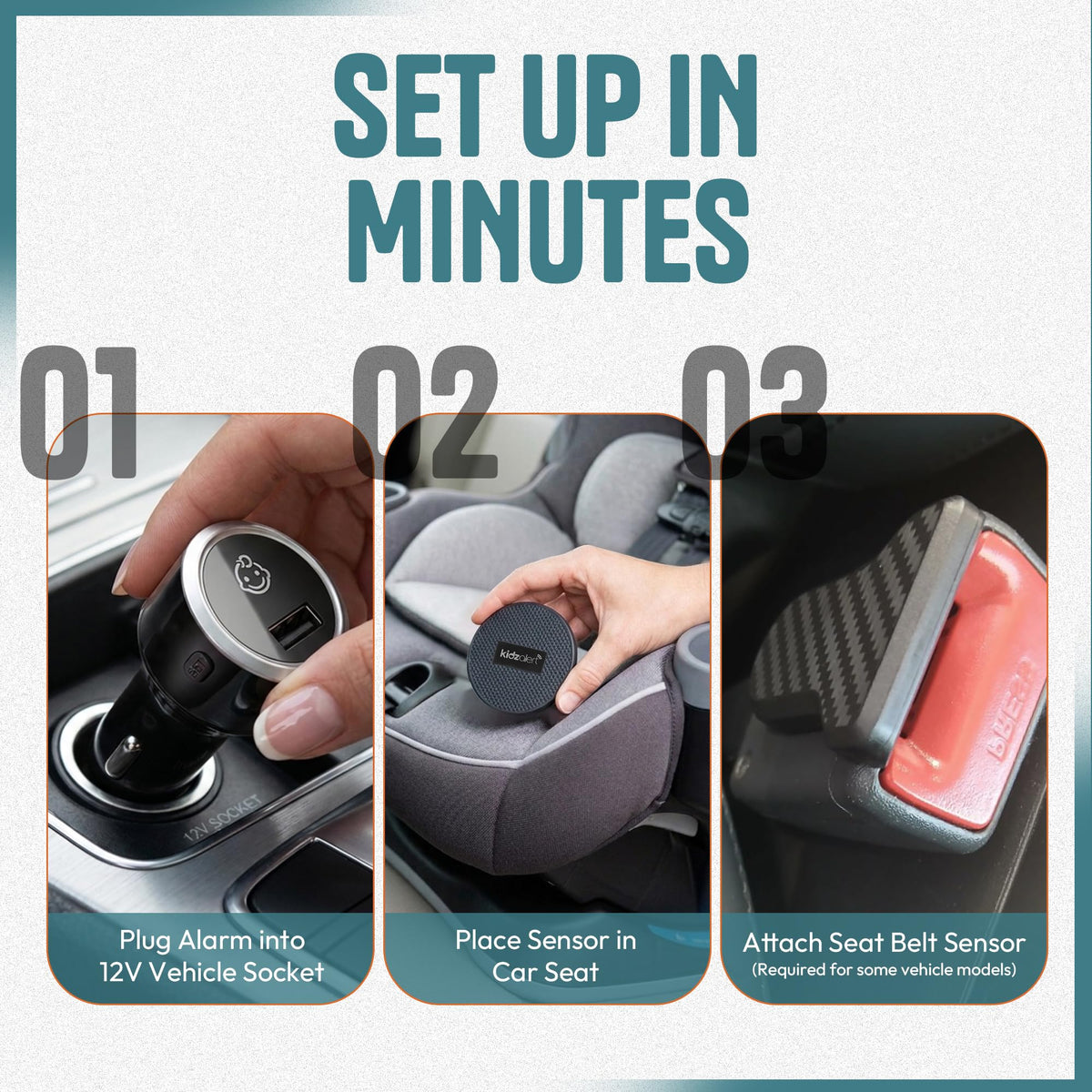 KIDZALERT sensor disc close-up showing thin profile and easy under-seat placement
