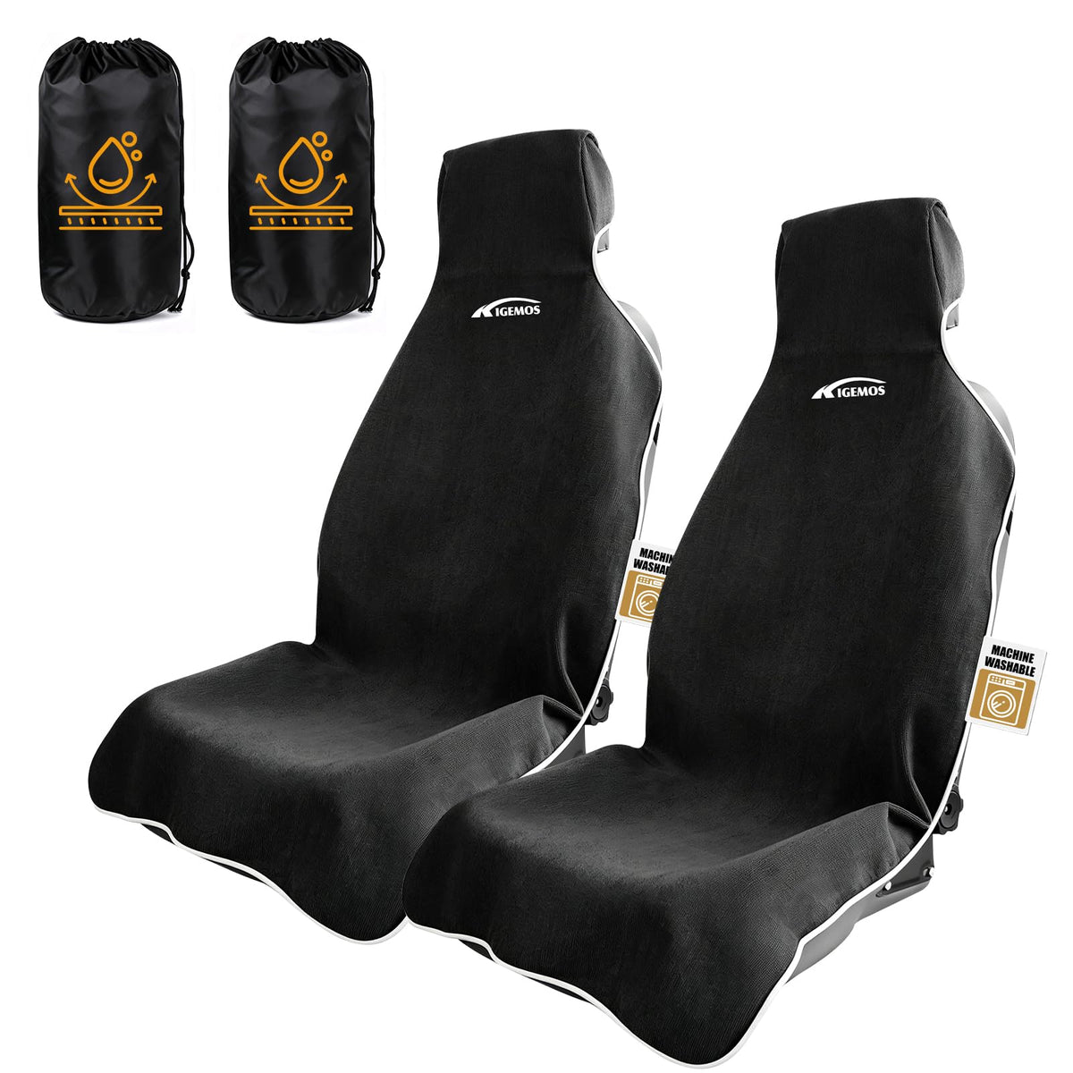 KIGEMOS front seat cover packaging showing two covers and benefits