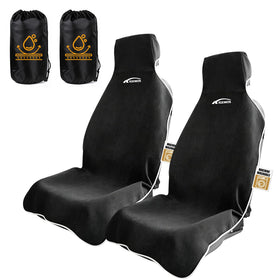 KIGEMOS front seat cover packaging showing two covers and benefits