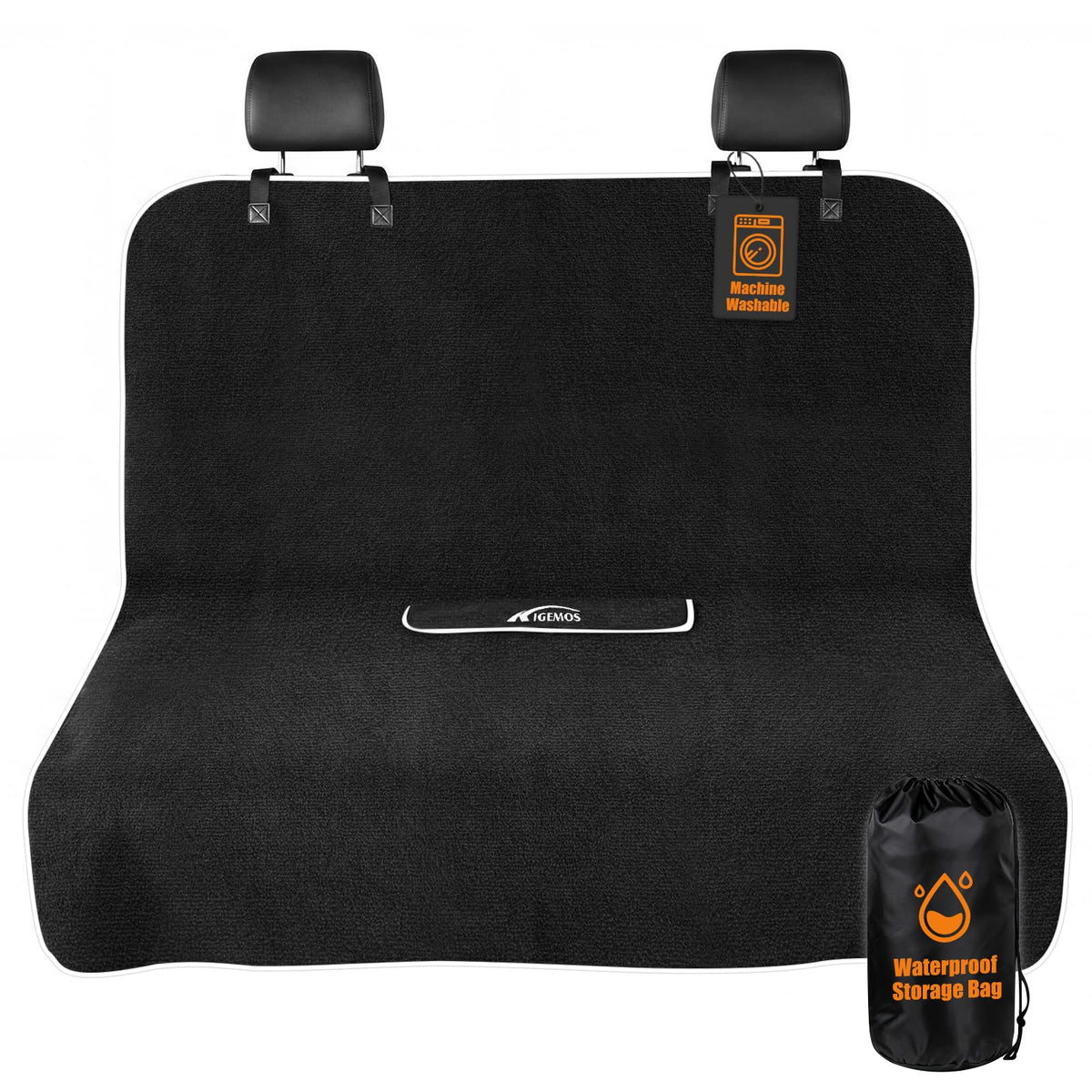 KIGEMOS front view of seat cover showing full rear protection and clean look
