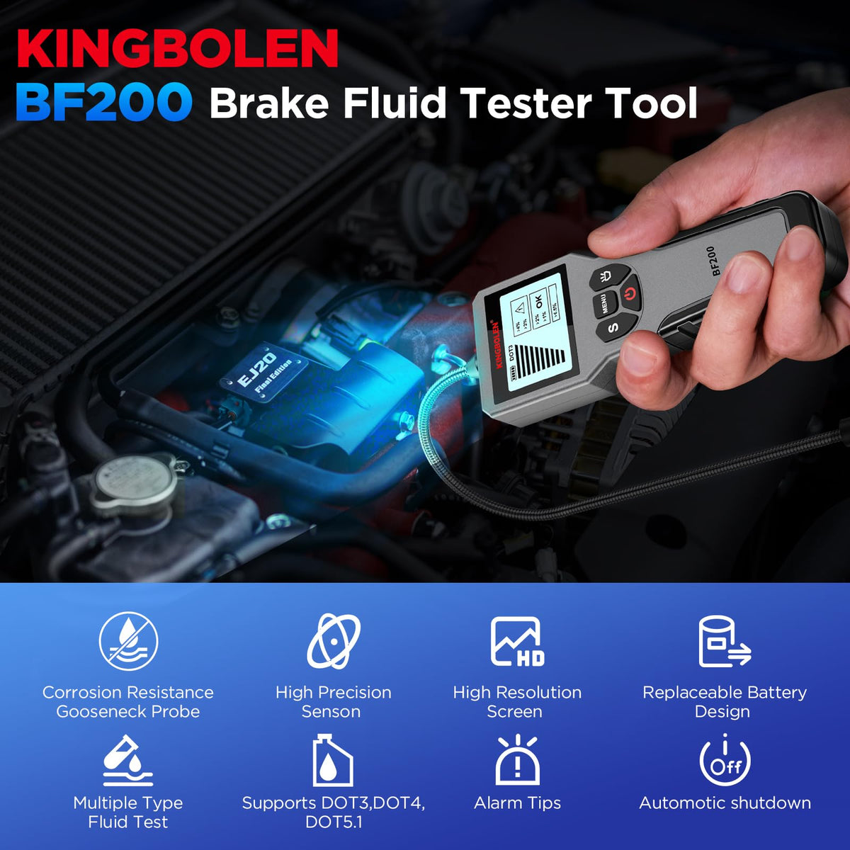 KINGBOLEN BF200 close-up of flexible gooseneck probe for hard-to-reach reservoirs