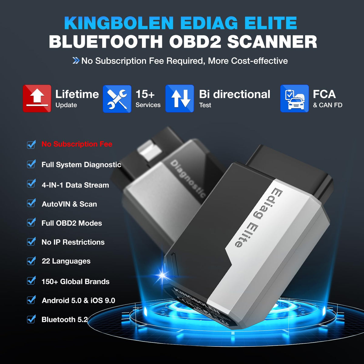 KINGBOLEN Ediag Elite angled plug highlighting durable OBD2 connector for reliable connection