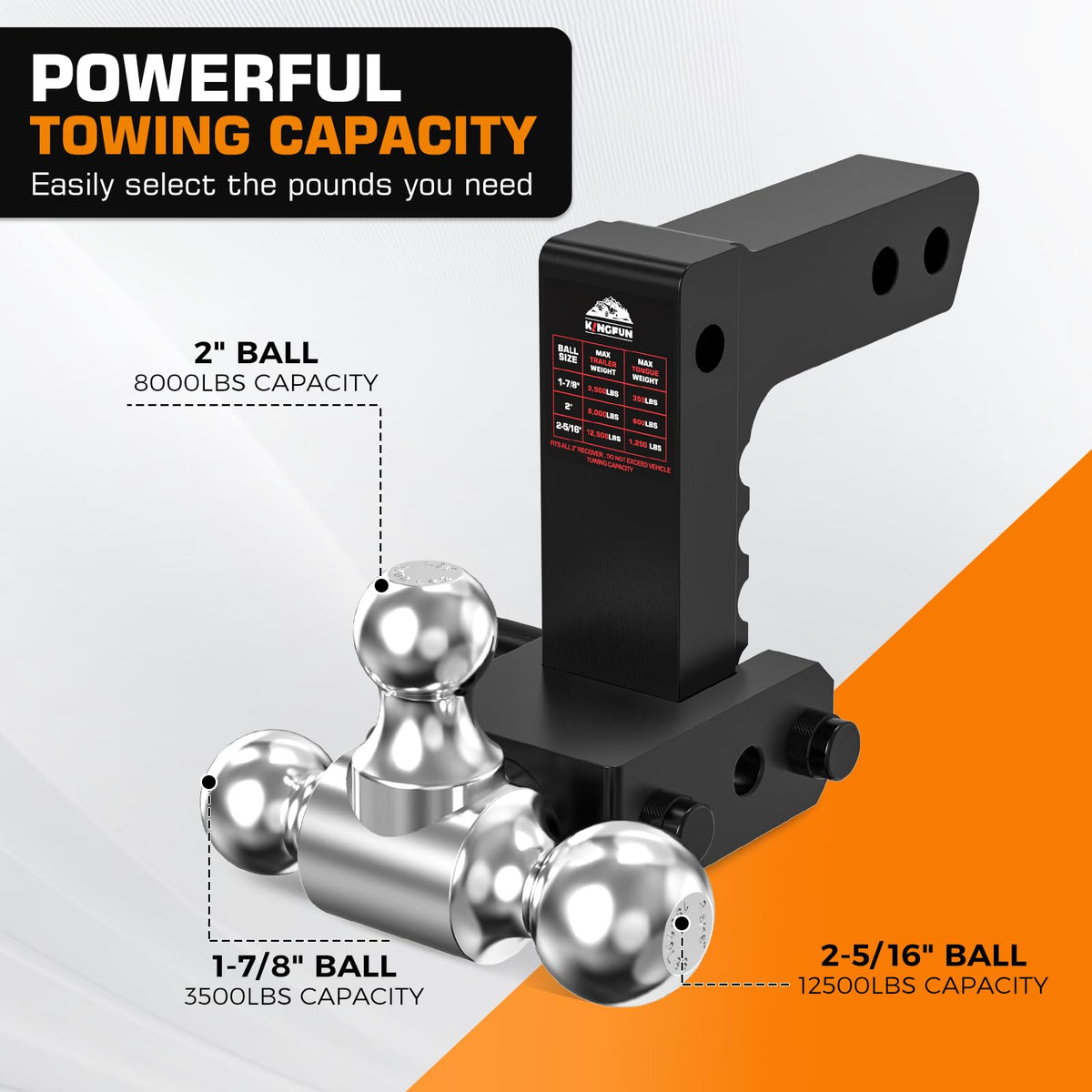 Kingfun height adjustment side profile showing 6-inch drop/rise for level towing