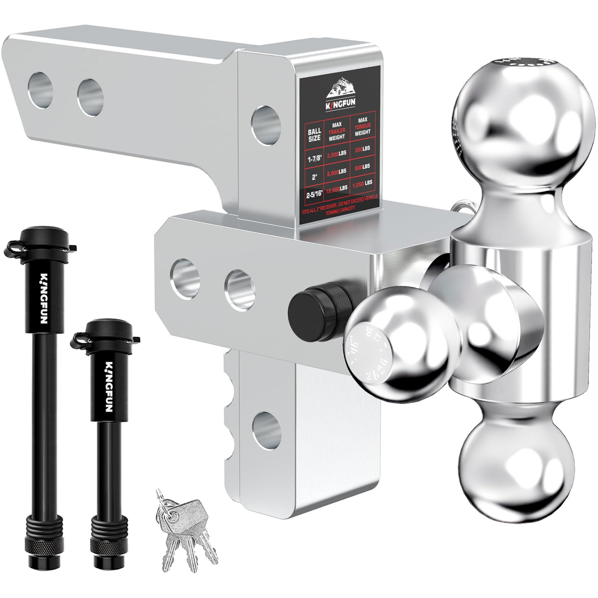 Kingfun hitch front view showing triple balls and clear compatibility benefit