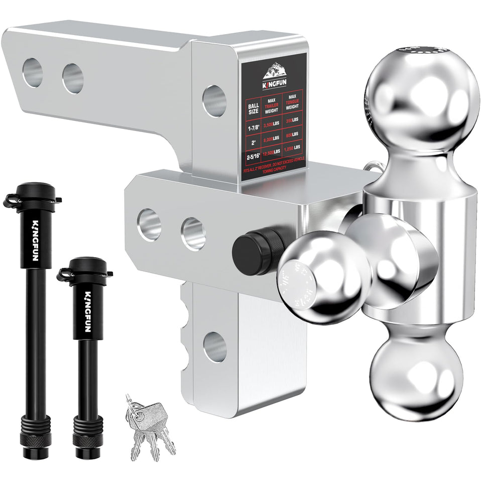 Kingfun hitch front view showing triple balls and clear compatibility benefit