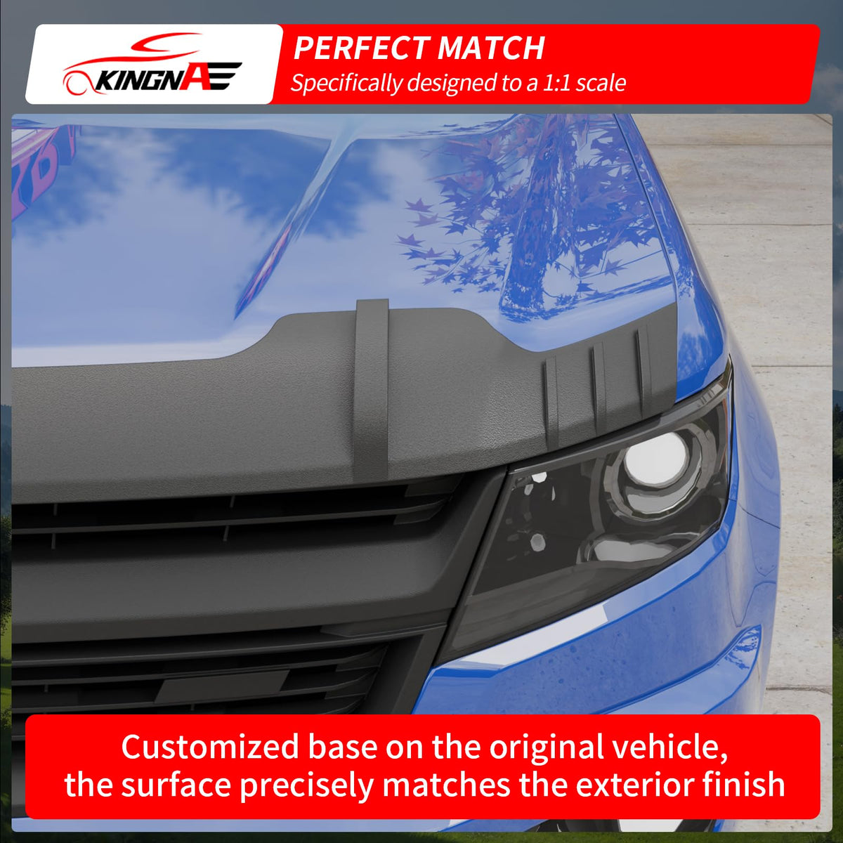 kingna hood protector on parked Colorado in lifestyle setting, preserves paint and style