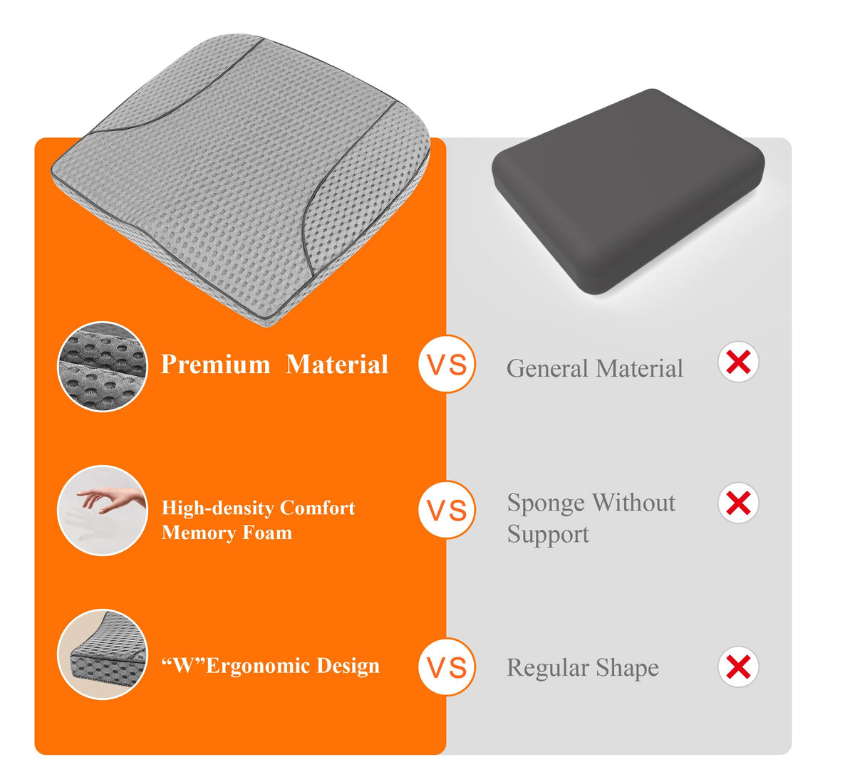 kingphenix packaged cushion with icons listing features like memory foam and non-slip bottom