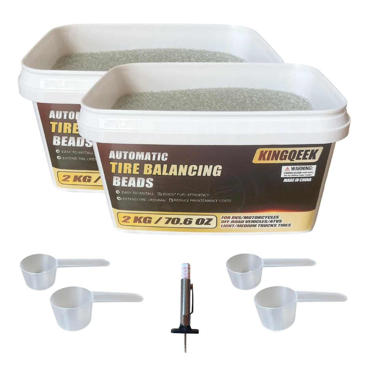 KINGQEEK front bucket showing 4kg balancing beads and included tread gauge for convenience