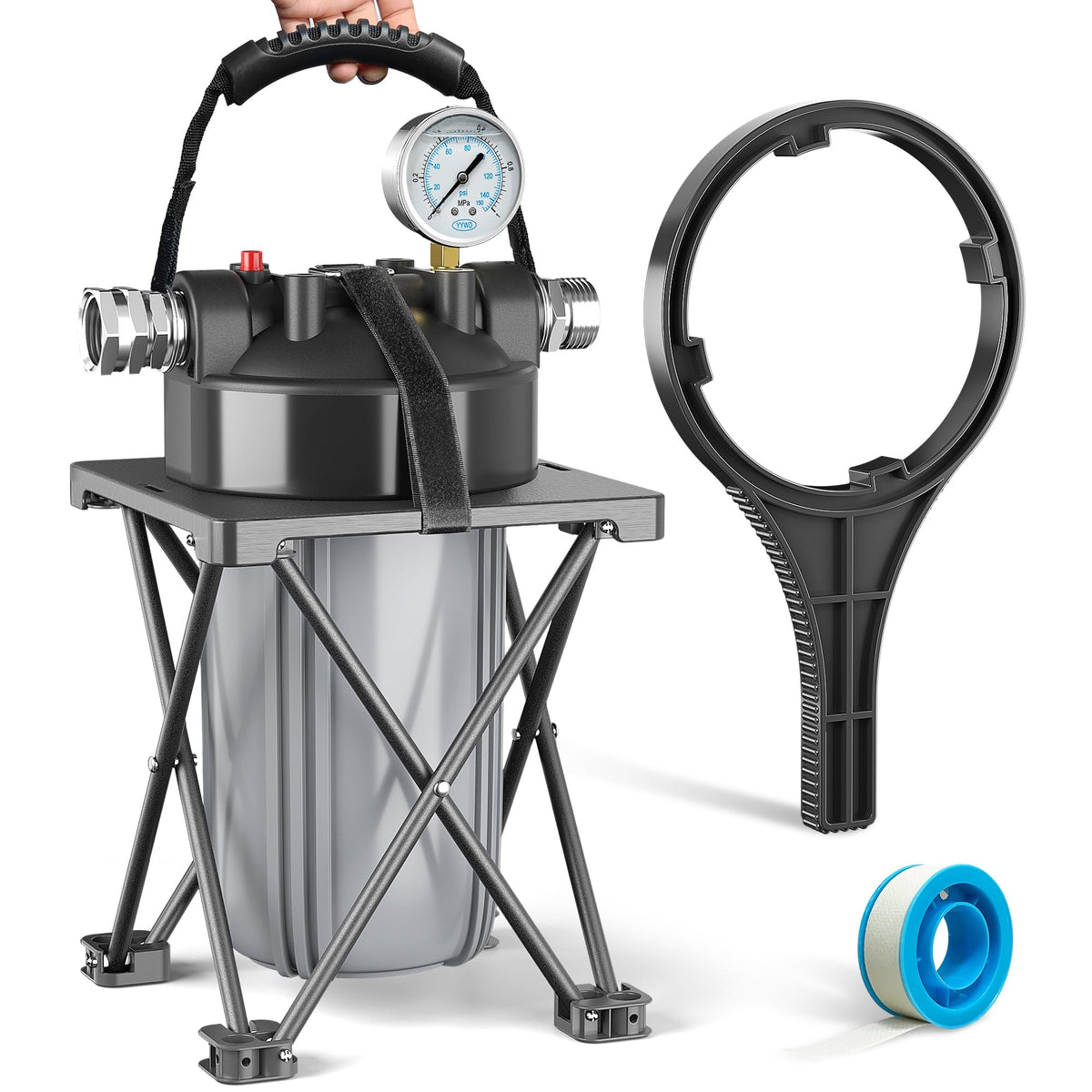 Kintim front view assembled filter showing housing and benefits of sturdy filtration