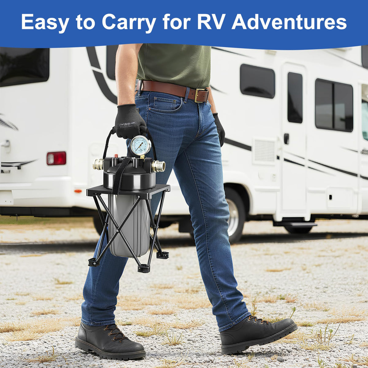 Kintim outdoor RV installation demonstrating portable filtration for travel use