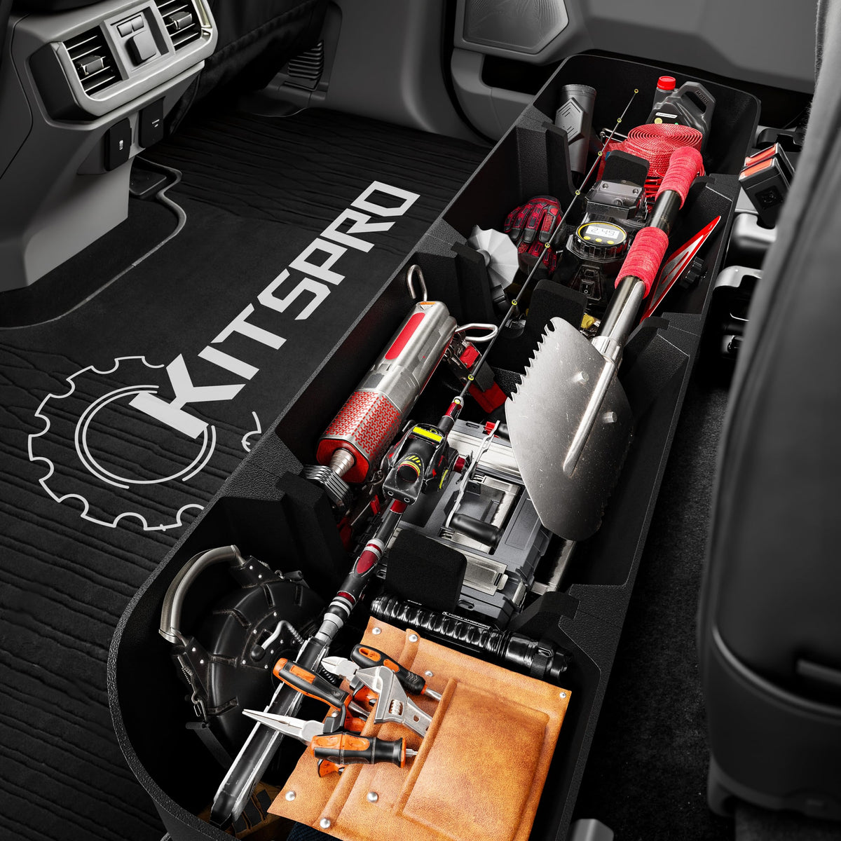 KitsPro front-installed under-seat organizer showing precise fit and space
