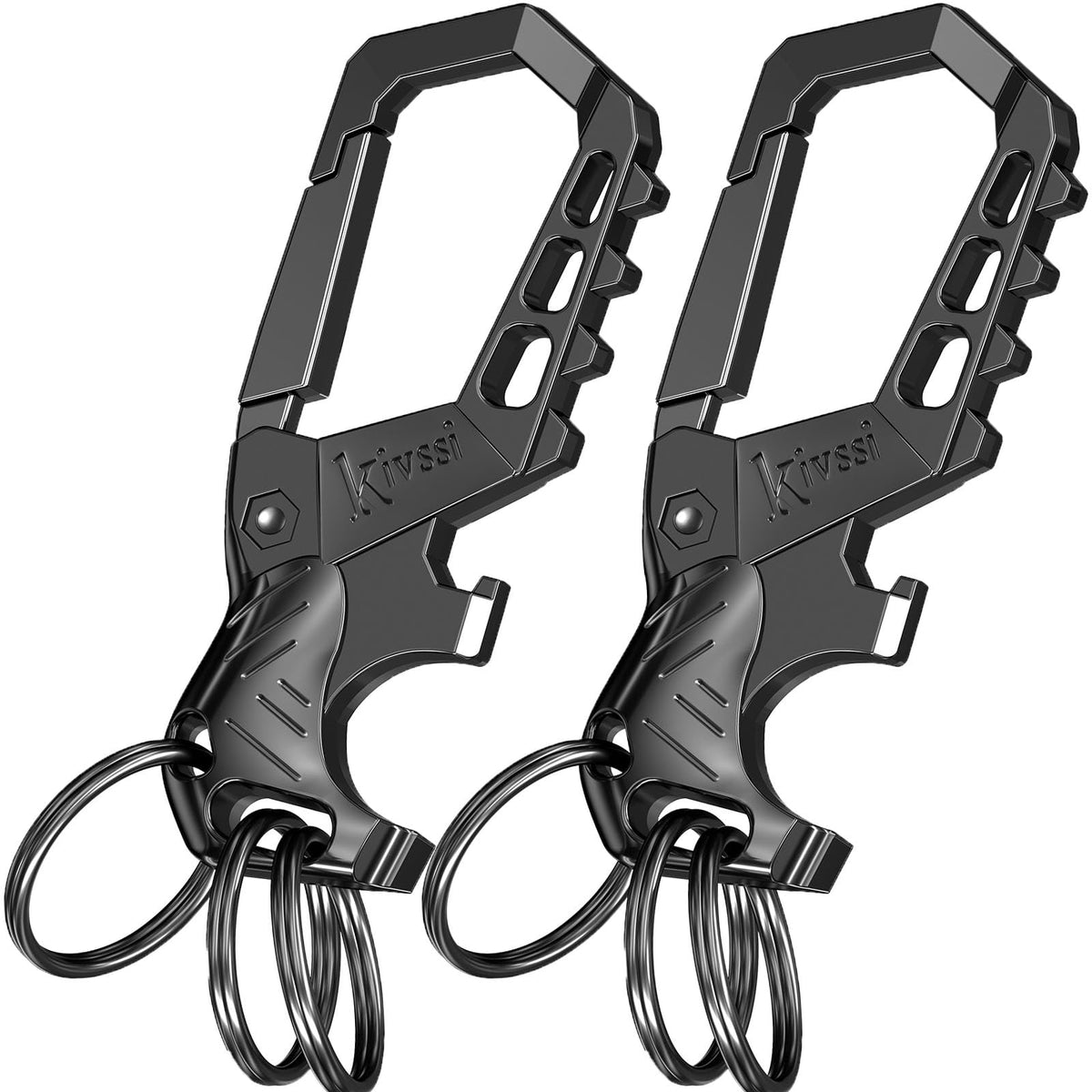 Kivssi black carabiner front view showing organized rings and clip for easy access
