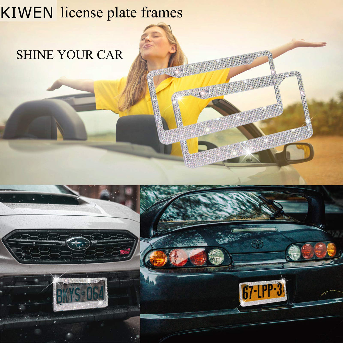 KIWEN frame installed on a car rear showing decorative sparkle in sunlight