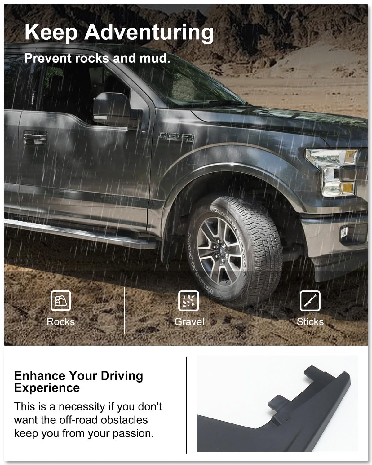 Kiwi Master in use on gravel road reducing stone and mud spray behind tires