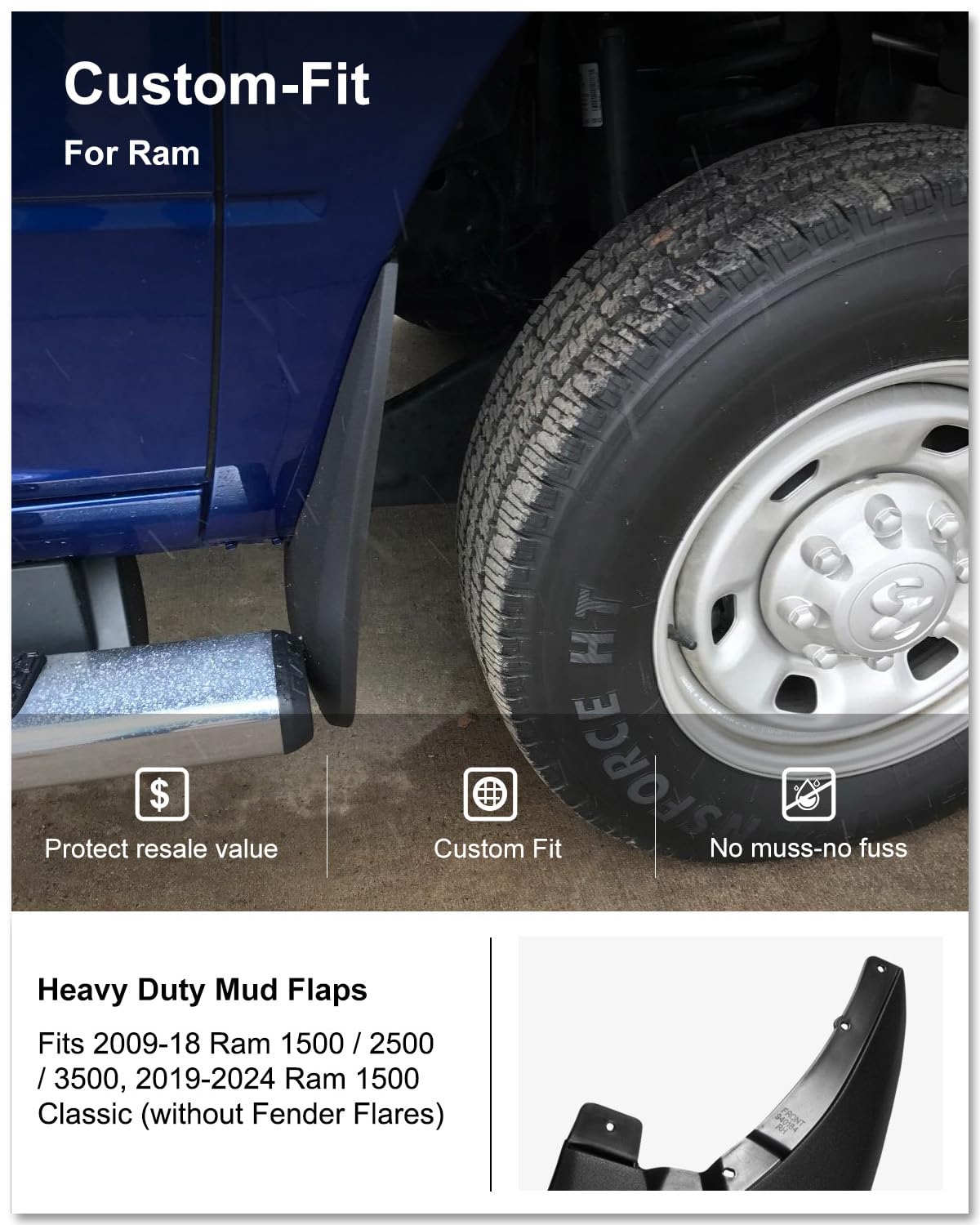 Kiwi Master mud flap mounted on Ram rear wheel protecting truck paint