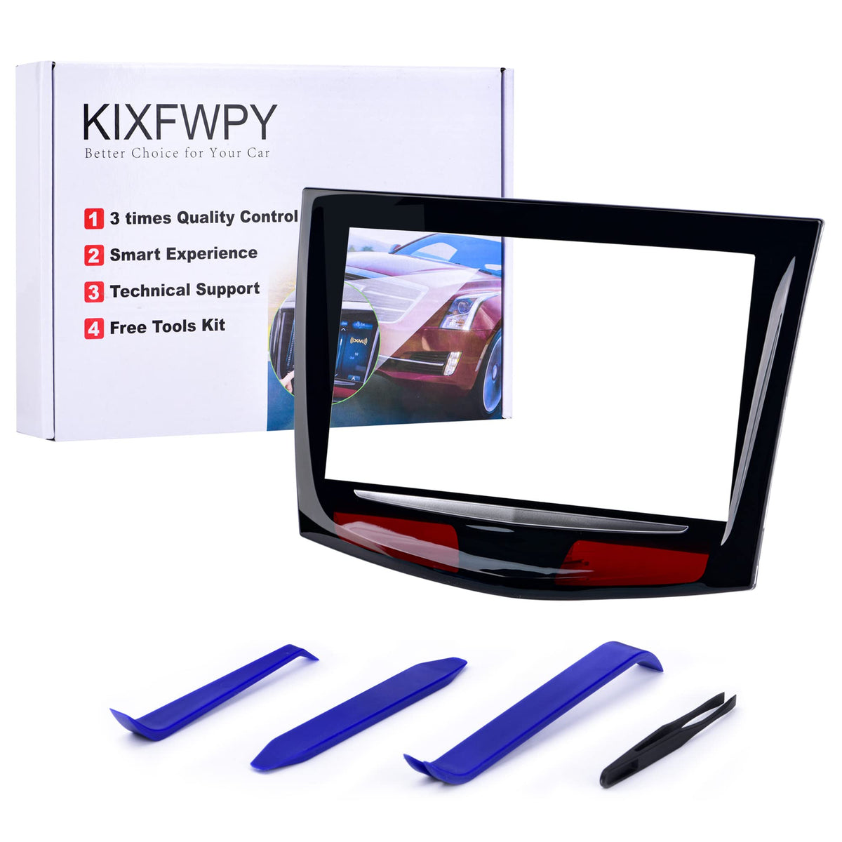 kixfwpy front view of replacement CUE screen showcasing clear display and fit